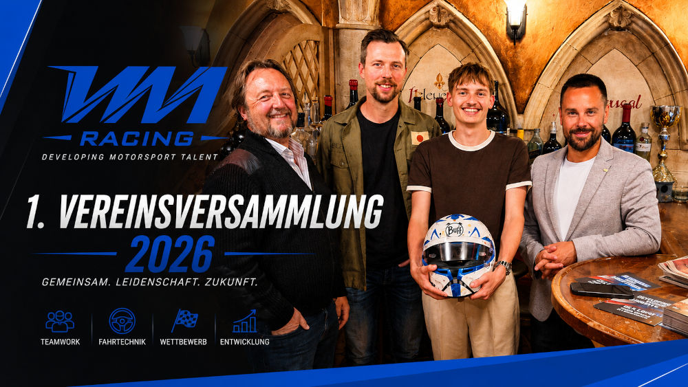 Erste Vereinsversammlung 2026 von WM Racing mit Klaus Wallner, Karl Maier, Noah Taferner mit Helm und Chris Wassermann im Restaurant Genussspecht in der Burg Spielberg